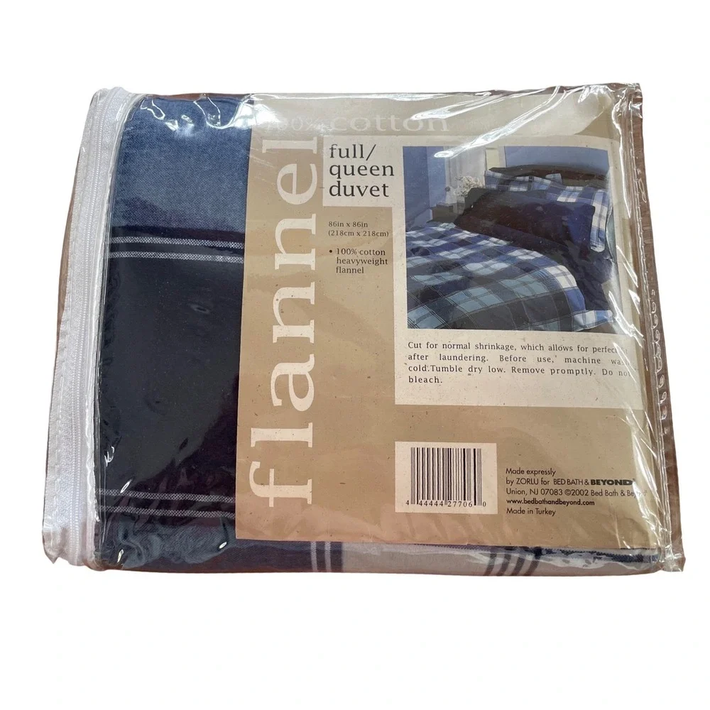 VTG Bed Bath & Beyond Full Queen Duvet Cover Blue Plaid 100% Cotton Flannel86x86